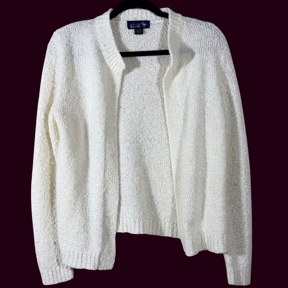 Vintage 80s Le Chois Cream Open Front Knit Cardigan Sweater Size Small Boho Chic